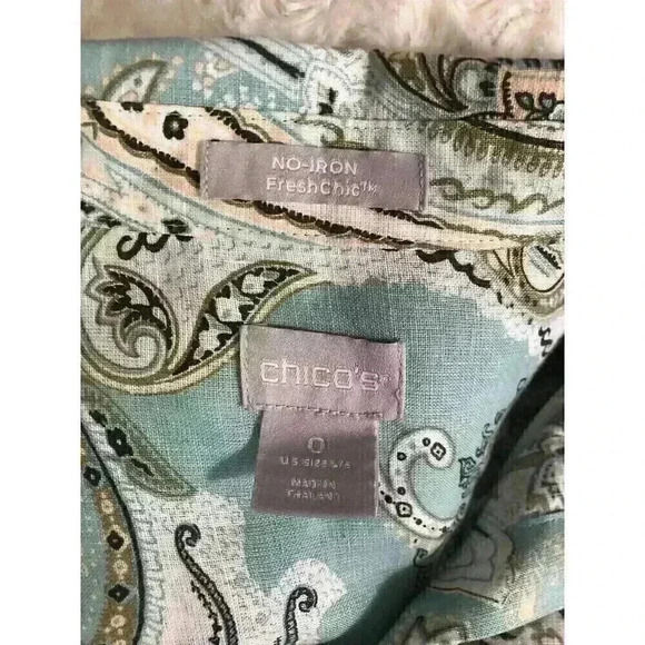 Chico’s Sz 0 Small Light Green Paisley 100% Linen Button Up Blouse Non Iron - Picture 5 of 6